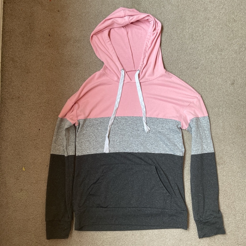 Pink, light gray, and dark gray striped hoodie
